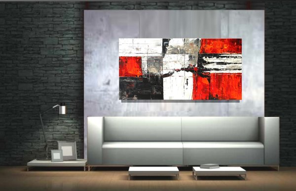 Wandbild abstrakt handgemalt schwarz weiß rot