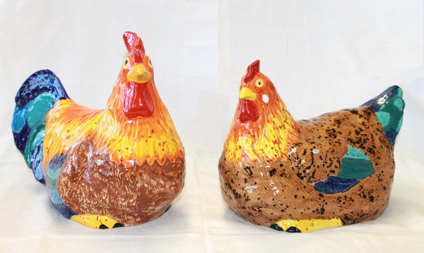 Hühnerpaar sitzend Keramik groß Annelies Zenichowski